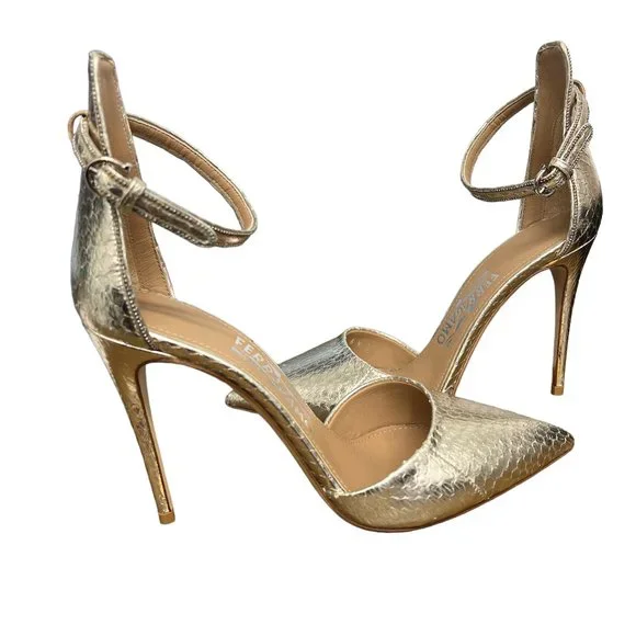 Salvatore Ferragamo Silver Ankle Strap Leather Stiletto PumpsUS Size 6.5
